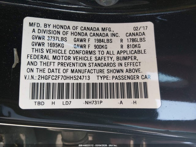 Honda CIVIC EX 2017 2HGFC2F70HH524713 Image 9