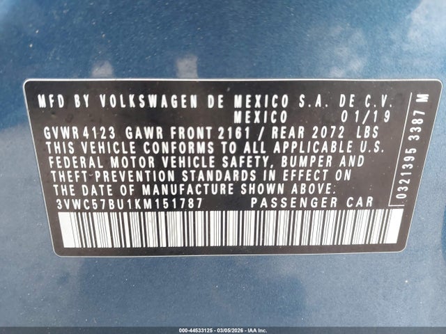 44533125 :رقم المزاد ، 3VWC57BU1KM151787 vin ، 2019 Volkswagen Jetta 1.4t R-line/1.4t S/1.4t Se مزاد بيع