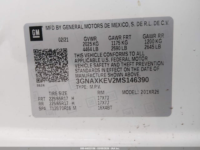 Продажа на аукционе авто 2021 Chevrolet Equinox Fwd Lt, vin: 3GNAXKEV2MS146390, номер лота: 44533156