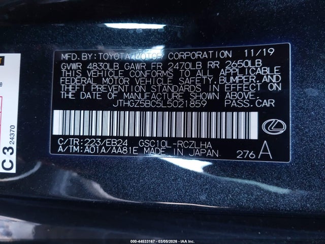 Aukcja sprzedaży 2020 Lexus Rc 350 F Sport, vin: JTHGZ5BC5L5021859, numer aukcji: 44533167