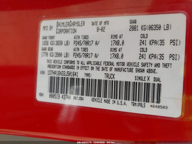 Auction sale of the 2003 Dodge Ram 1500 Slt/laramie/st, vin: 1D7HA16N33J501641, lot number: 44533176