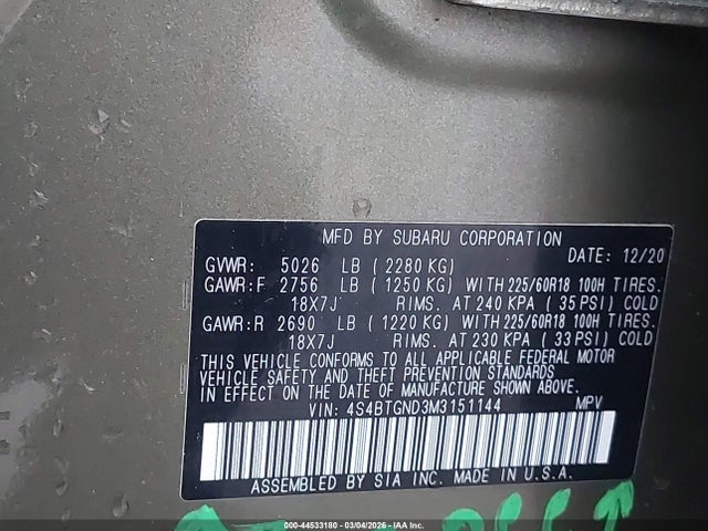 2021 SUBARU OUTBACK 4S4BTGND3M3151144 Photo 8