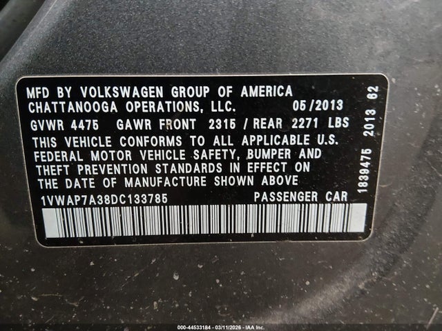 Продажа на аукционе авто 2013 Volkswagen Passat 2.5l Wolfsburg Edition, vin: 1VWAP7A38DC133785, номер лота: 44533184