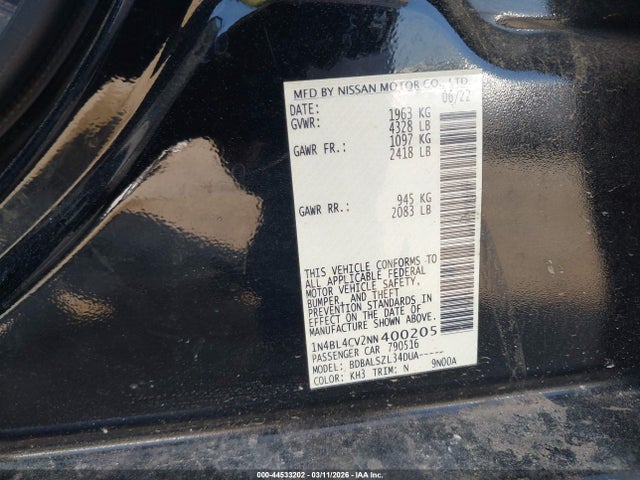44533202 :رقم المزاد ، 1N4BL4CV2NN400205 vin ، 2022 Nissan Altima Sr Fwd مزاد بيع