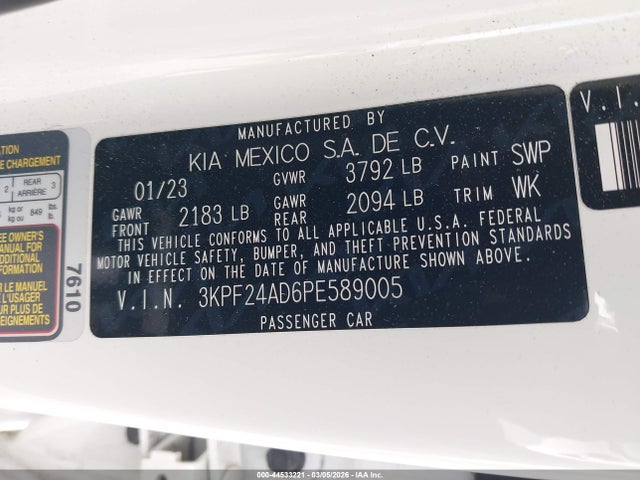 2023 Kia Forte Lxs მანქანა იყიდება აუქციონზე, vin: 3KPF24AD6PE589005, აუქციონის ნომერი: 44533221