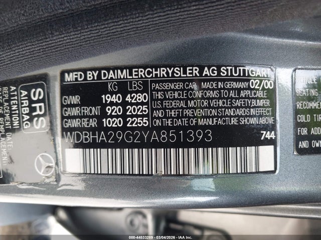 Aukcja sprzedaży 2000 Mercedes-benz C 280, vin: WDBHA29G2YA851393, numer aukcji: 44533289