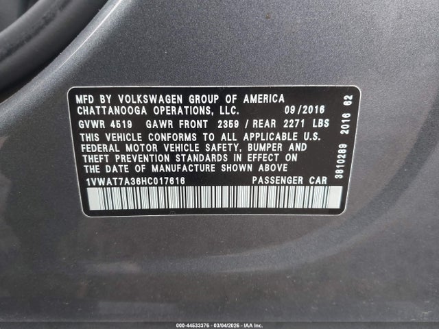 44533376 :رقم المزاد ، 1VWAT7A36HC017616 vin ، 2017 Volkswagen Passat 1.8t S مزاد بيع