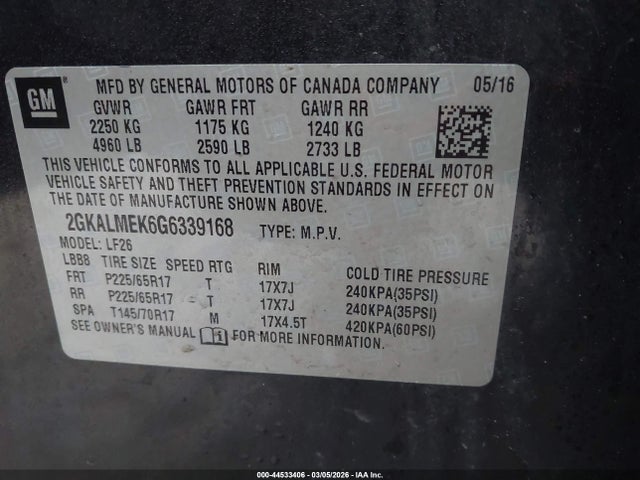 44533406 :رقم المزاد ، 2GKALMEK6G6339168 vin ، 2016 Gmc Terrain Sle-1 مزاد بيع