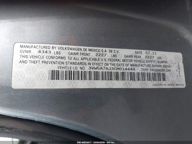 Aukcja sprzedaży 2012 Volkswagen Jetta Gli Autobahn, vin: 3VW5A7AJ3CM014444, numer aukcji: 44533417