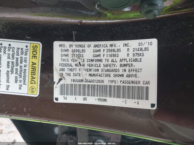 44533429 :رقم المزاد ، 19UUA8F56AA012926 vin ، 2010 Acura Tl 3.5 مزاد بيع