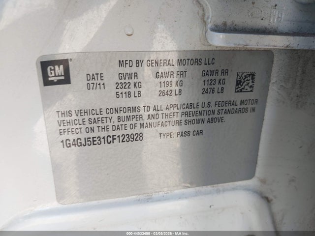 44533458 :رقم المزاد ، 1G4GJ5E31CF123928 vin ، 2012 Buick Lacrosse Touring Group مزاد بيع