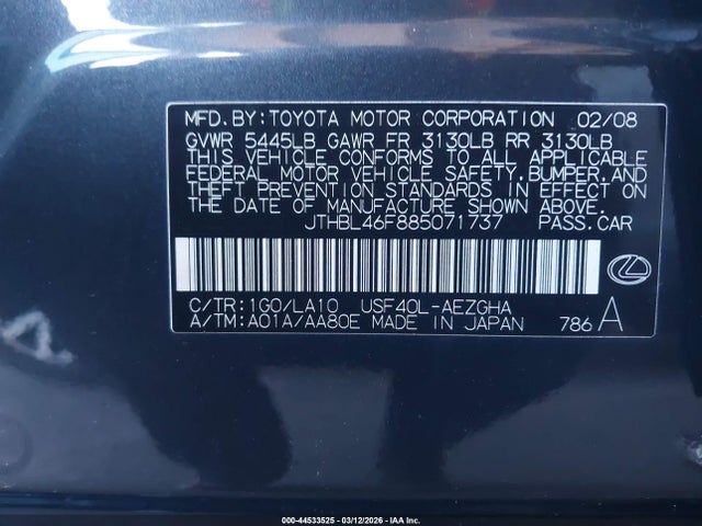 44533525 :رقم المزاد ، JTHBL46F885071737 vin ، 2008 Lexus Ls 460 مزاد بيع