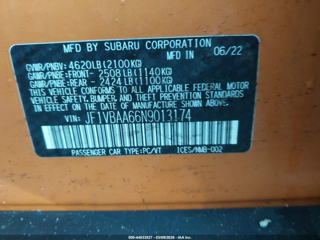 2022 Subaru Wrx მანქანა იყიდება აუქციონზე, vin: JF1VBAA66N9013174, აუქციონის ნომერი: 44533527