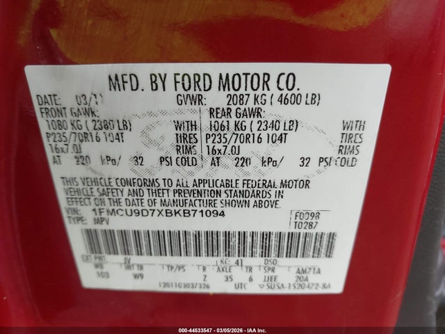 2011 Ford Escape Xlt მანქანა იყიდება აუქციონზე, vin: 1FMCU9D7XBKB71094, აუქციონის ნომერი: 44533547