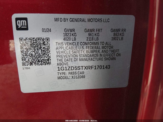 44533560 :رقم المزاد ، 1G1ZD5STXRF170143 vin ، 2024 Chevrolet Malibu Fwd 1lt مزاد بيع