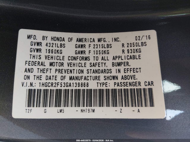 1HGCR2F53GA139868 Honda Accord Sport