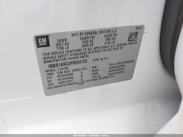1GKS1AKC3FR269122 GMC YUKON SLE