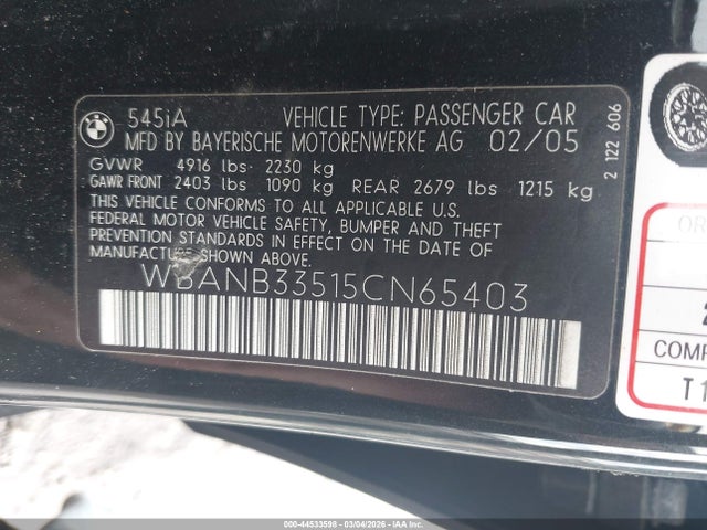 2005 BMW 545I WBANB33515CN65403 Photo 8