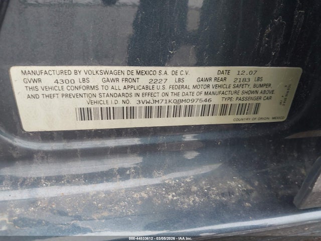 Продажа на аукционе авто 2008 Volkswagen Jetta S, vin: 3VWJM71K08M097546, номер лота: 44533612