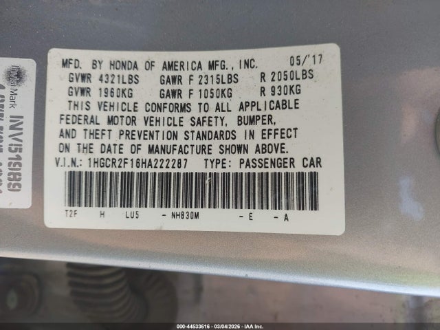 1HGCR2F16HA222287 Honda Accord Sport Se