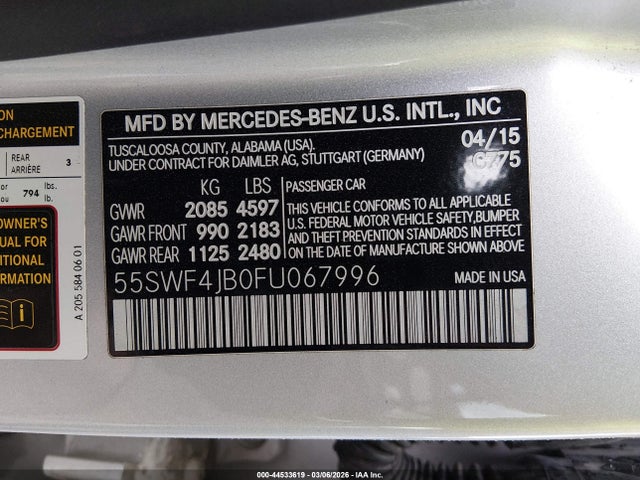 Продажа на аукционе авто 2015 Mercedes-benz C 300 Sport, vin: 55SWF4JB0FU067996, номер лота: 44533619