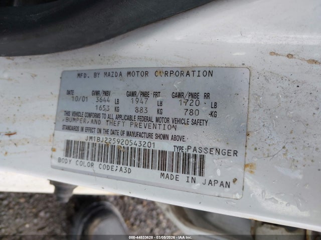 44533628 :رقم المزاد ، JM1BJ225920543201 vin ، 2002 Mazda Protege Dx/es/lx مزاد بيع