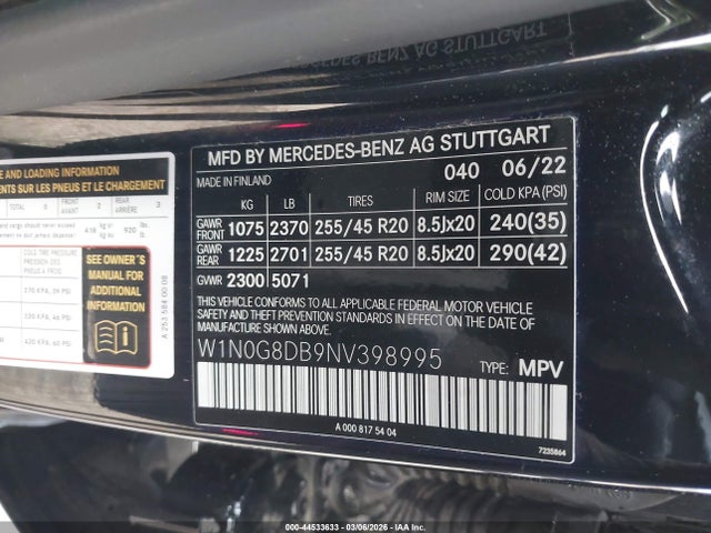 Aukcja sprzedaży 2022 Mercedes-benz Glc 300 Suv, vin: W1N0G8DB9NV398995, numer aukcji: 44533633