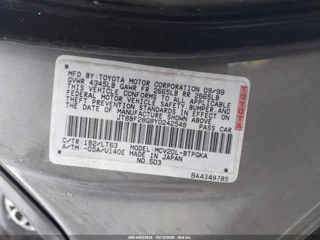 44533635 :رقم المزاد ، JT8BF28G8Y0242548 vin ، 2000 Lexus Es 300 مزاد بيع