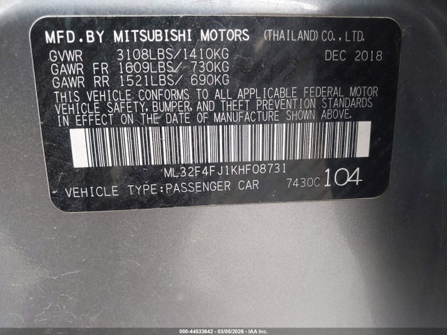 Продаж на аукціоні авто 2019 Mitsubishi Mirage G4 Se, vin: ML32F4FJ1KHF08731, номер лоту: 44533642