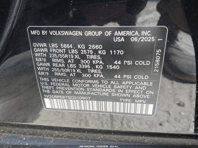 44533645 :رقم المزاد ، 1V2CRPE87SC010907 vin ، 2025 Volkswagen Id.4 Pro مزاد بيع