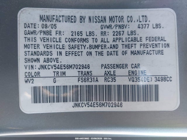 Продаж на аукціоні авто 2006 Infiniti G35, vin: JNKCV54E56M702946, номер лоту: 44533662