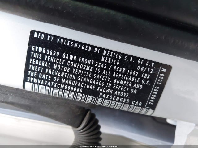44533669 :رقم المزاد ، 3VWVA7ATXCM666060 vin ، 2012 Volkswagen Beetle 2.0t Turbo مزاد بيع