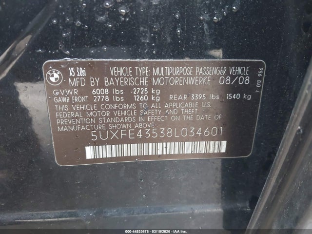 Aukcja sprzedaży 2008 Bmw X5 3.0si, vin: 5UXFE43538L034601, numer aukcji: 44533676