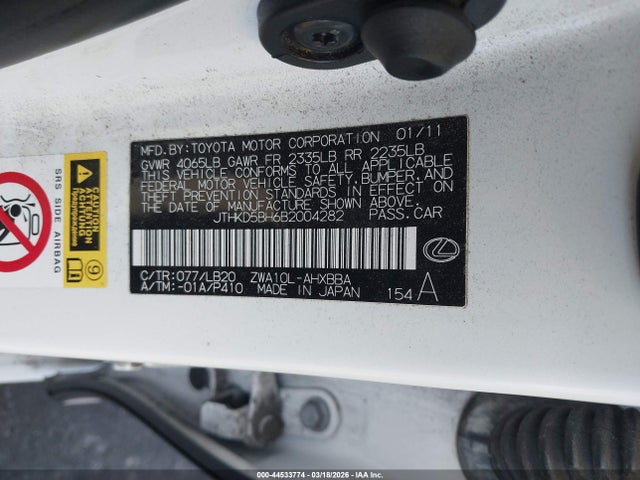 44533774 :رقم المزاد ، JTHKD5BH6B2004282 vin ، 2011 Lexus Ct 200h Premium مزاد بيع