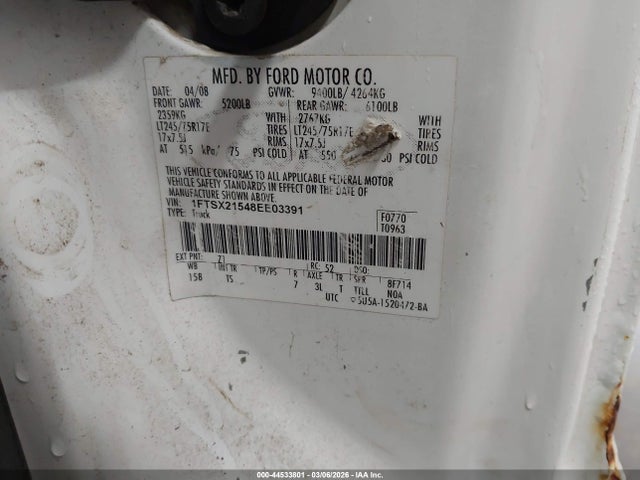 44533801 :رقم المزاد ، 1FTSX21548EE03391 vin ، 2008 Ford F-250 Fx4/lariat/xl/xlt مزاد بيع