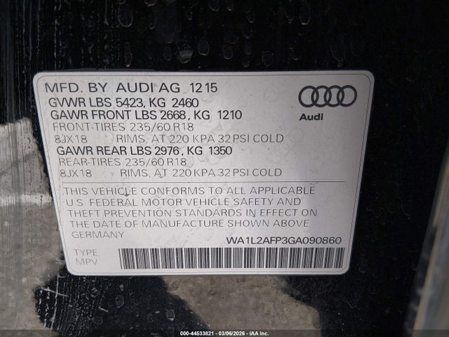 Продажа на аукционе авто 2016 Audi Q5 2.0t Premium, vin: WA1L2AFP3GA090860, номер лота: 44533821