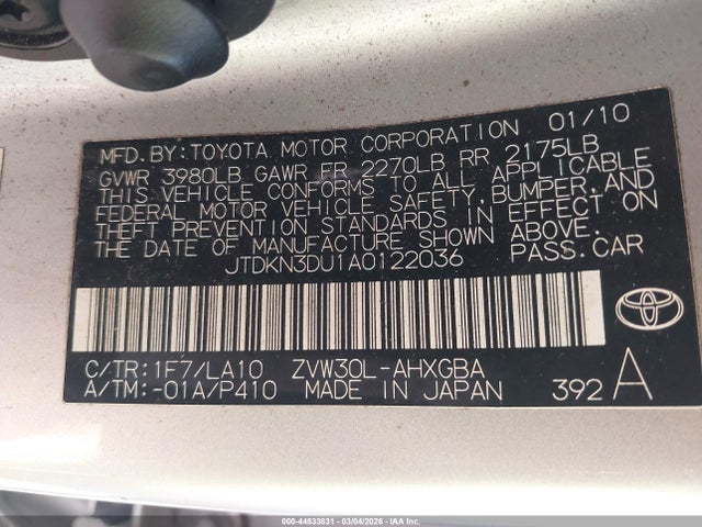 2010 Toyota Prius Iv მანქანა იყიდება აუქციონზე, vin: JTDKN3DU1A0122036, აუქციონის ნომერი: 44533831