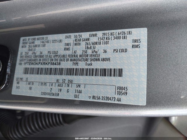 44533867 :رقم المزاد ، 1FTEW3KPXRKF58438 vin ، 2024 Ford F-150 Xlt مزاد بيع