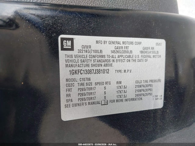 Продажа на аукционе авто 2007 Gmc Yukon Slt, vin: 1GKFC13087J381012, номер лота: 44533875