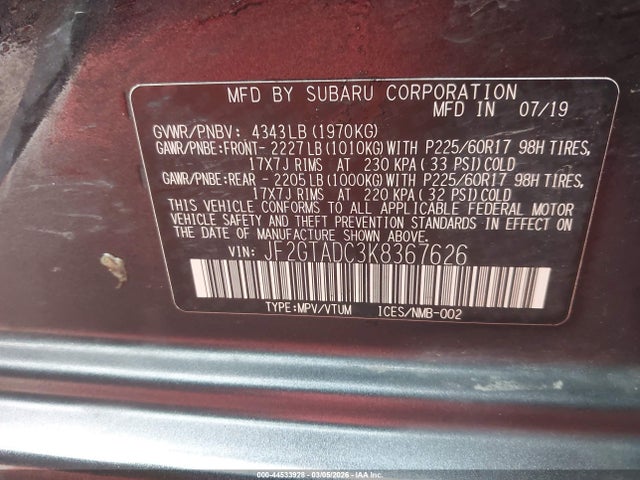 Продаж на аукціоні авто 2019 Subaru Crosstrek 2.0i Premium, vin: JF2GTADC3K8367626, номер лоту: 44533928