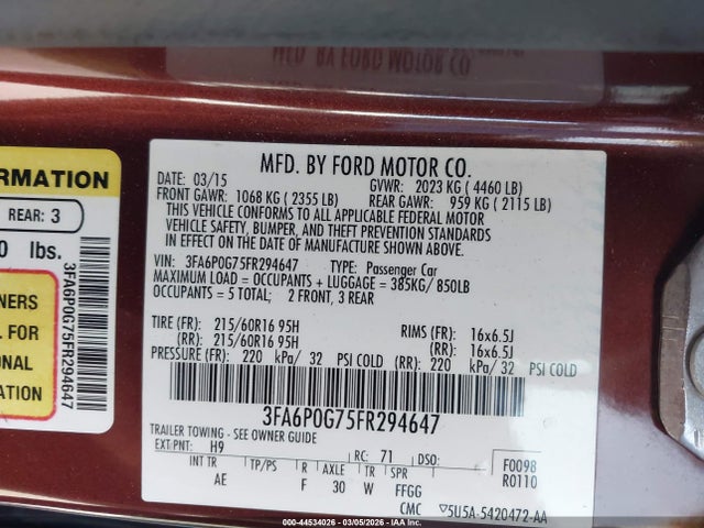3FA6P0G75FR294647 Ford FUSION S