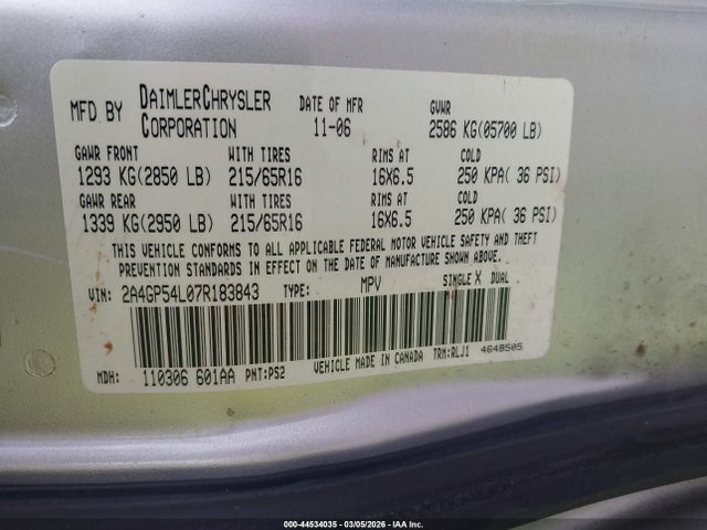 44534035 :رقم المزاد ، 2A4GP54L07R183843 vin ، 2007 Chrysler Town & Country Touring مزاد بيع