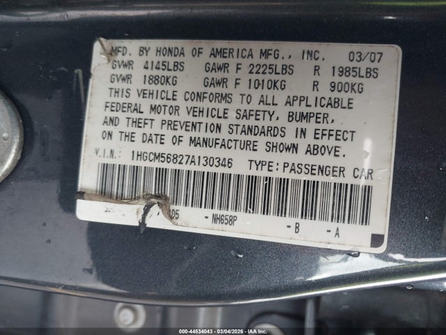 Aukcja sprzedaży 2007 Honda Accord 2.4 Ex, vin: 1HGCM56827A130346, numer aukcji: 44534043
