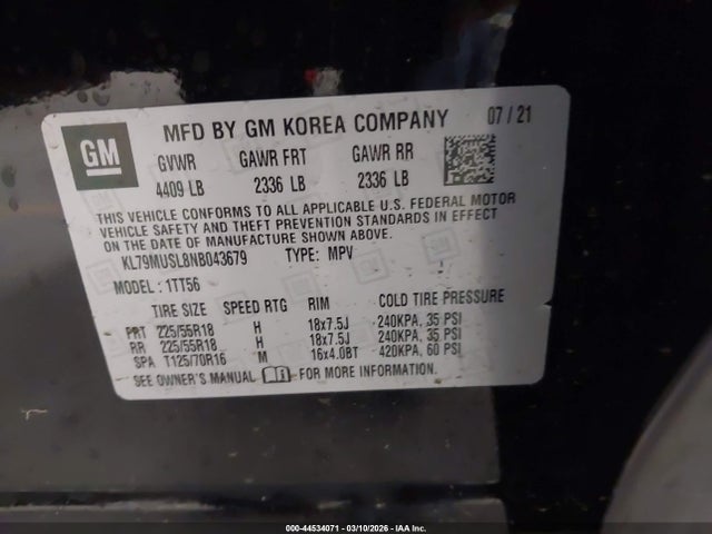 44534071 :رقم المزاد ، KL79MUSL8NB043679 vin ، 2022 Chevrolet Trailblazer Awd Rs مزاد بيع