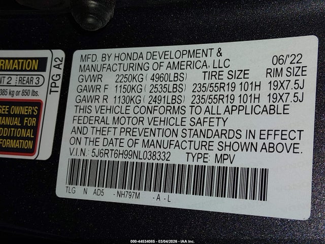 Aukcja sprzedaży 2022 Honda Cr-v Hybrid Touring, vin: 5J6RT6H99NL038332, numer aukcji: 44534085