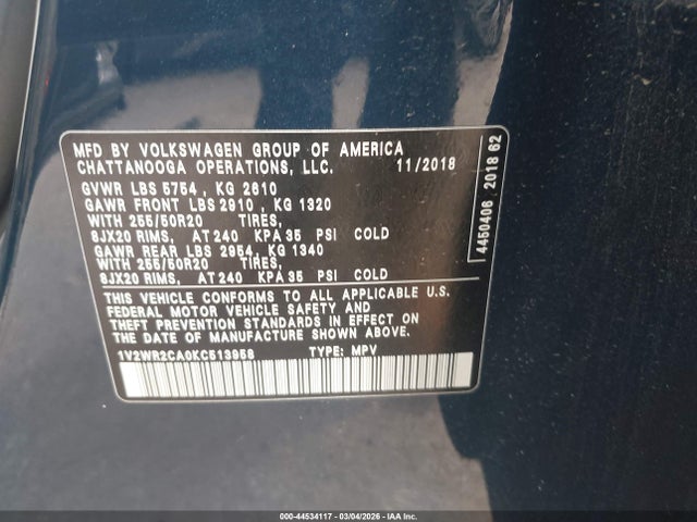 Aukcja sprzedaży 2019 Volkswagen Atlas 3.6l V6 Se W/technology, vin: 1V2WR2CA0KC513958, numer aukcji: 44534117
