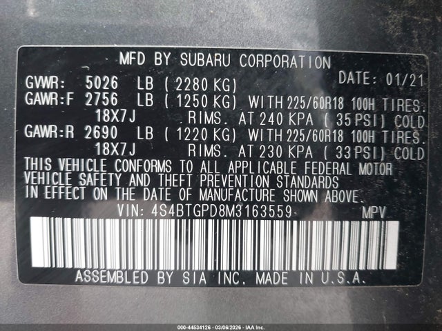 2021 SUBARU OUTBACK 4S4BTGPD8M3163559 Photo 8