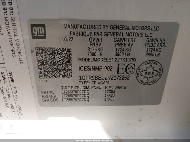 44534136 :رقم المزاد ، 1GTR9BED2NZ173252 vin ، 2022 Gmc Sierra 1500 Limited Sle مزاد بيع