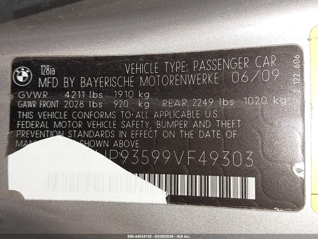 Продаж на аукціоні авто 2009 Bmw 128i, vin: WBAUP93599VF49303, номер лоту: 44534138
