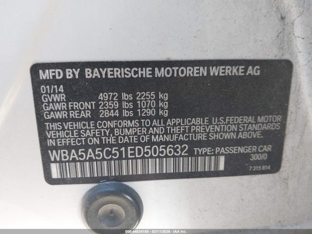 2014 Bmw 528i მანქანა იყიდება აუქციონზე, vin: WBA5A5C51ED505632, აუქციონის ნომერი: 44534180